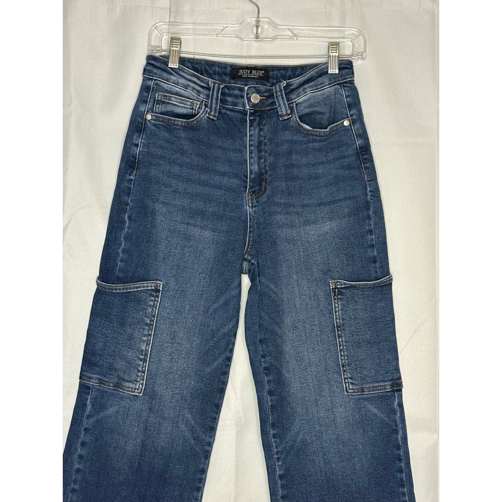Judy Blue High Rise Cargo Jeans 7/28 Dark Wash Straight Leg Utility Y2K Stretch - Picture 3 of 7